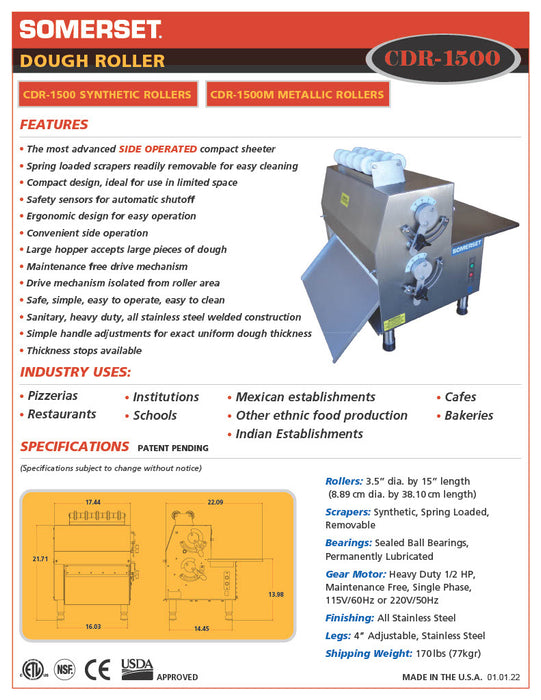 CDR-1500 Dough Roller / Double Pass- Side Operated