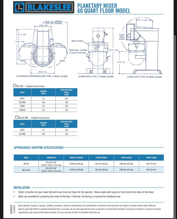 60 Quart Blakeslee Food Mixer Stainless Steel Floor Model DD-60 - Donut-Equipment.com