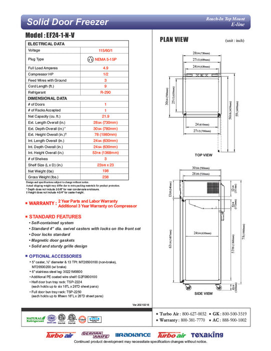 Turbo Air EF24-1-N-V E-Line 28" Solid Door Reach-In Freezer