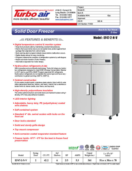 Turbo Air EF47-2-N-V E-Line 52" Solid 2 Door Reach-In Freezer