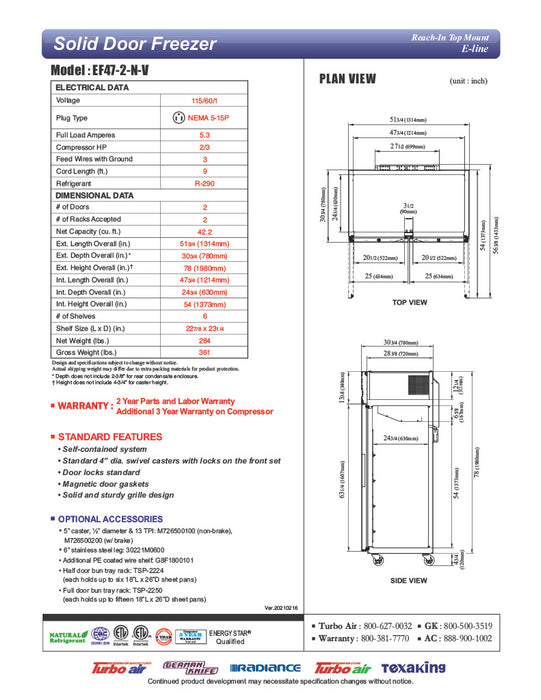 Turbo Air EF47-2-N-V E-Line 52" Solid 2 Door Reach-In Freezer