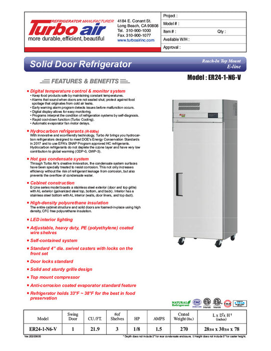 Turbo Air ER24-1-N6-V E-Line 28" Solid Door Reach-In Refrigerator - Donut-Equipment.com