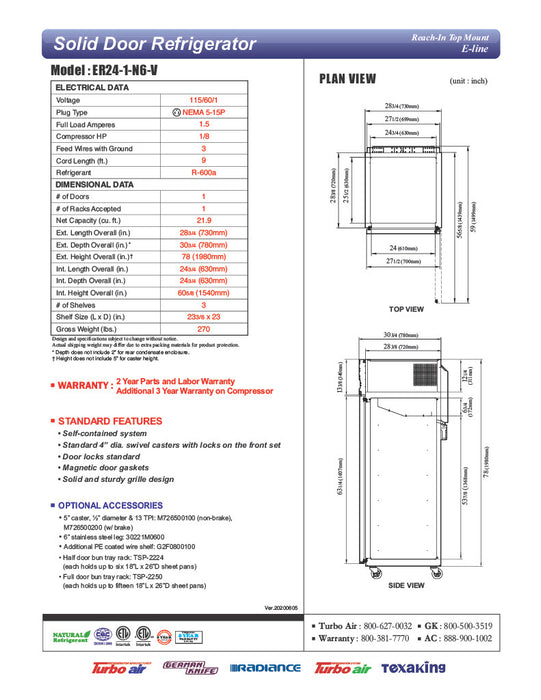 Turbo Air ER24-1-N6-V E-Line 28" Solid Door Reach-In Refrigerator - Donut-Equipment.com