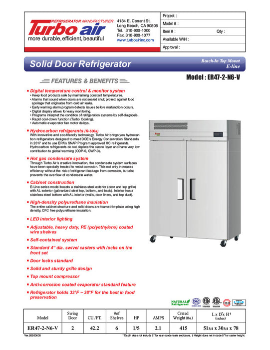 Turbo Air ER47-2-N6-V E-Line 52" Solid 2 Door Reach-In Refrigerator - Donut-Equipment.com