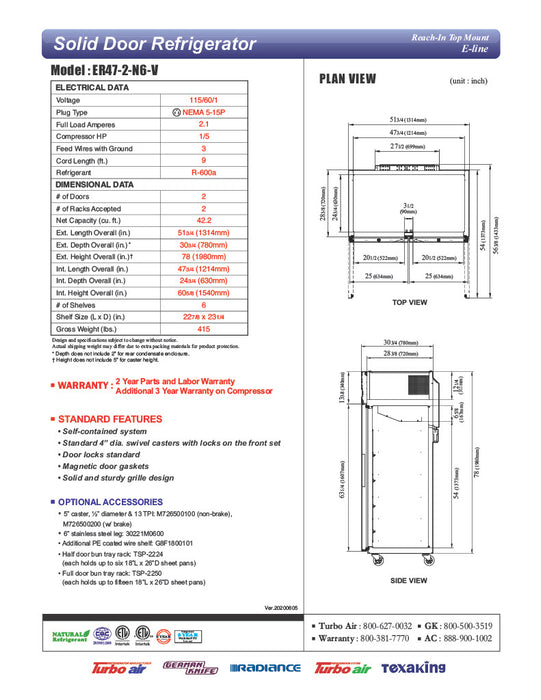Turbo Air ER47-2-N6-V E-Line 52" Solid 2 Door Reach-In Refrigerator - Donut-Equipment.com