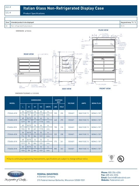 Federal Industries (ITD4834-B18)-Non-Refrigerated- 48" x 52"(H) Full Service Case w/Straight Glass 120V