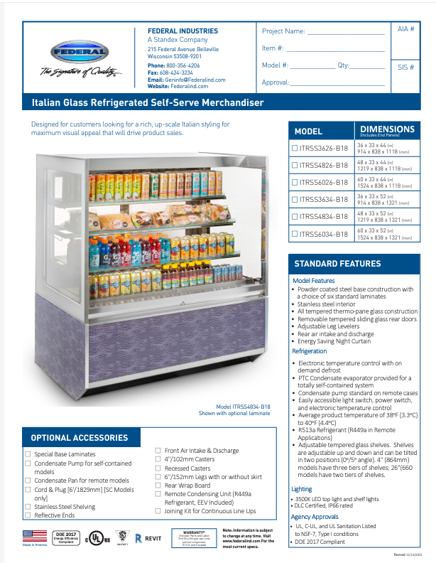 Federal Industries (ITRSS4826-B18)-Italian Series Refrigerated- 48" Self Service Open Air Case w/ Two Shelves 120V - Donut-Equipment.com