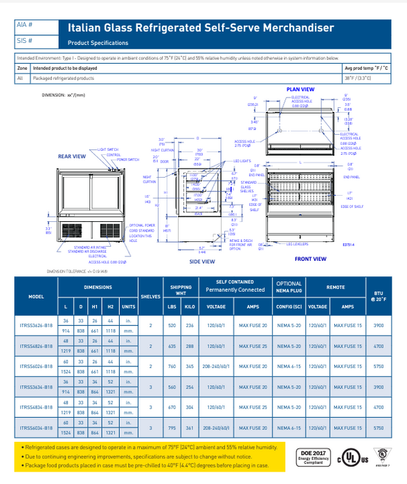 Federal Industries (ITRSS6026-B18)-Italian Series Refrigerated- 60" Self Service Open Air Case w/ Two Shelves 208-240V