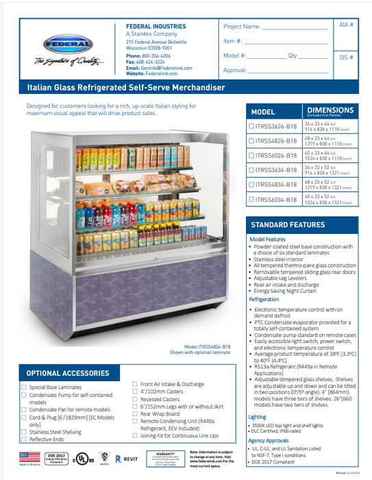 Federal Industries (ITRSS6026-B18)-Italian Series Refrigerated- 60" Self Service Open Air Case w/ Two Shelves 208-240V