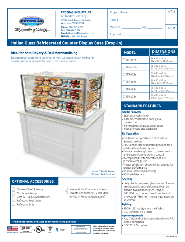 Federal Industries (ITD6034)-Non-Refrigerated- 60" x 34"(H) Counter Case w/Straight Glass 120V - Donut-Equipment.com