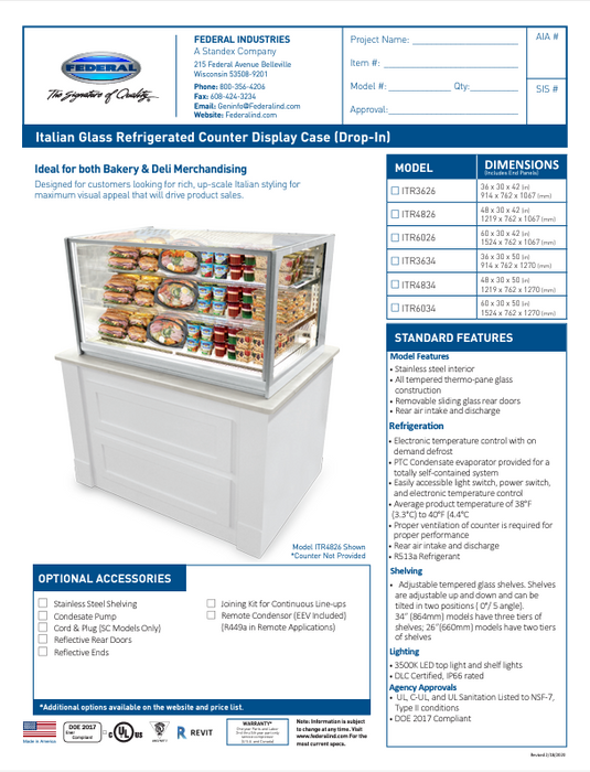 Federal Industries (ITD4826)-Non-Refrigerated- 48" Counter Case w/Straight Glass 120V