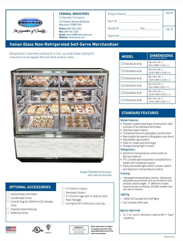 Federal Industries (ITDSS6034-B18)-Non-Refrigerated-(Sliding Doors on Front) 60" Self Service Case w/Straight Glass 120V - Donut-Equipment.com