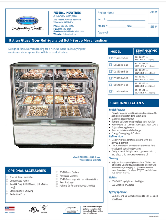 Federal Industries (ITDSS6034-B18)-Non-Refrigerated-(Sliding Doors on Front) 60" Self Service Case w/Straight Glass 120V