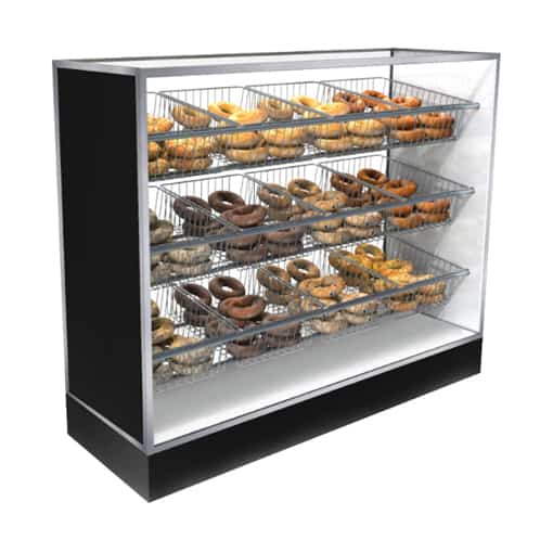 Jahabow BMB Series 31.375"L x 22"D x 50"H Bagel Merchandiser Display Case – Aluminum, Tempered Glass, w/ 3 Fixed Rows, Non-Refrigerated - Donut-Equipment.com