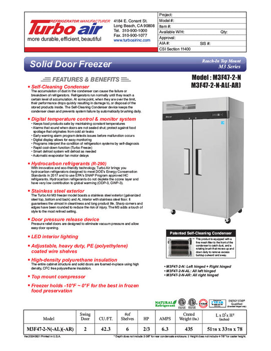 Turbo Air M3F47-2-N M3 Series 52" Stainless Steel Reach-In Freezer