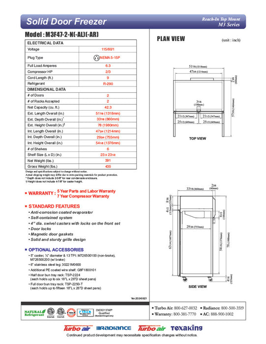 Turbo Air M3F47-2-N M3 Series 52" Stainless Steel Reach-In Freezer