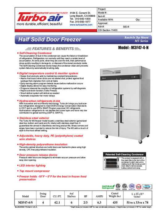 Turbo Air M3F47-4-N 51-3/4" M3 Series Reach-In Top Mount Insulated Freezer With 2 Sections And 4 Doors, 42.1 Cubic Feet, 115 Volts