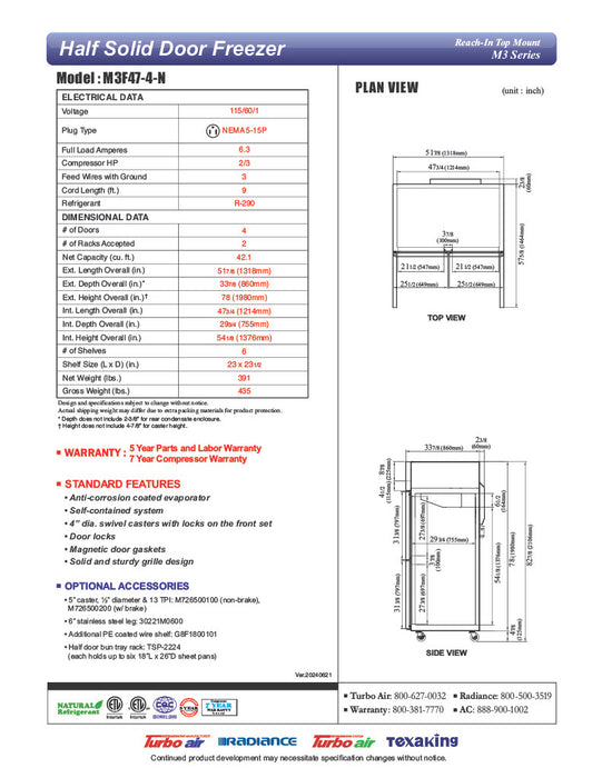 Turbo Air M3F47-4-N 51-3/4" M3 Series Reach-In Top Mount Insulated Freezer With 2 Sections And 4 Doors, 42.1 Cubic Feet, 115 Volts