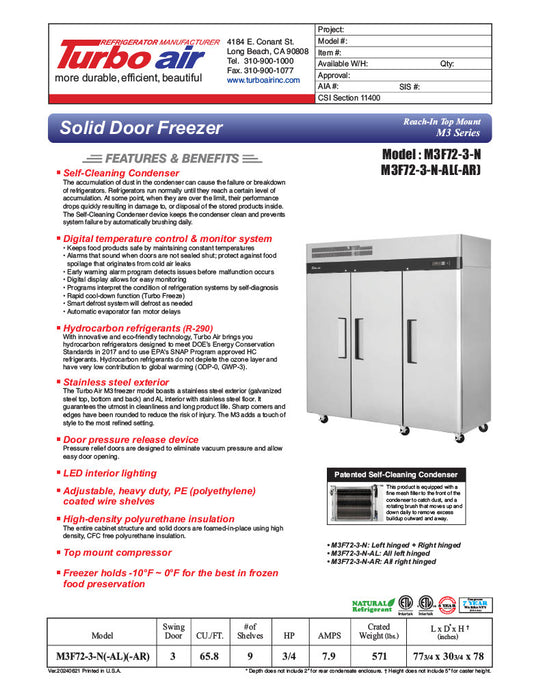 Turbo Air M3F72-3-N M3 Series 78" Solid Door Reach In Freezer