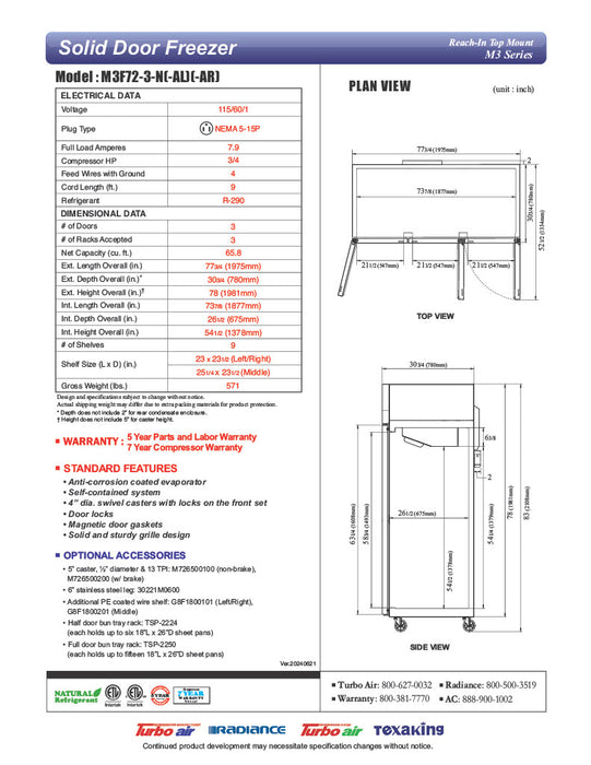 Turbo Air M3F72-3-N M3 Series 78" Solid Door Reach In Freezer