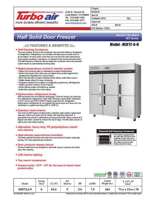 Turbo Air M3F72-6-N M3 Series 78" Solid Half Door Reach In Freezer