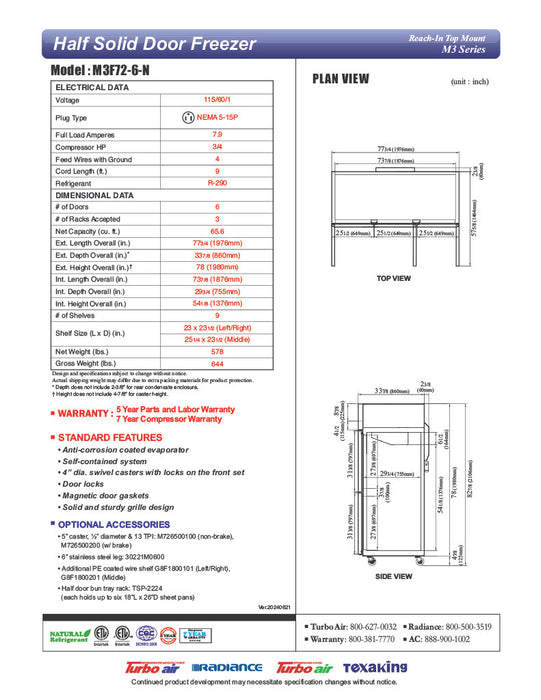 Turbo Air M3F72-6-N M3 Series 78" Solid Half Door Reach In Freezer