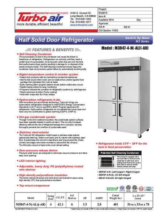 Turbo Air M3R47-4-N 51 3/4" Two Section Reach In Refrigerator, (4) Left/Right Hinge Solid Doors, 115v