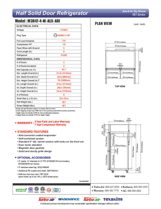 Turbo Air M3R47-4-N 51 3/4" Two Section Reach In Refrigerator, (4) Left/Right Hinge Solid Doors, 115v