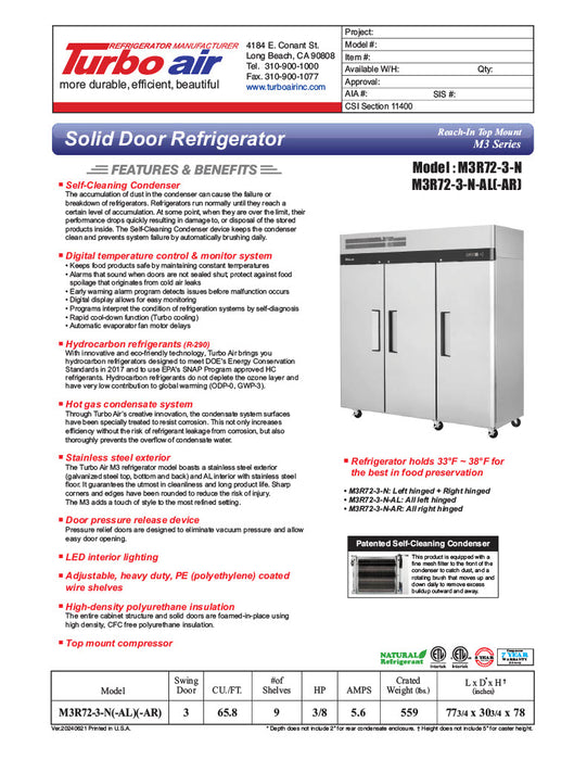 Turbo Air M3R72-3-N M3 Series 78" Solid Door Stainless Steel Reach-In Refrigerator