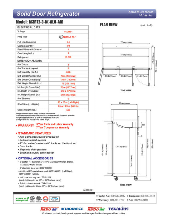 Turbo Air M3R72-3-N M3 Series 78" Solid Door Stainless Steel Reach-In Refrigerator