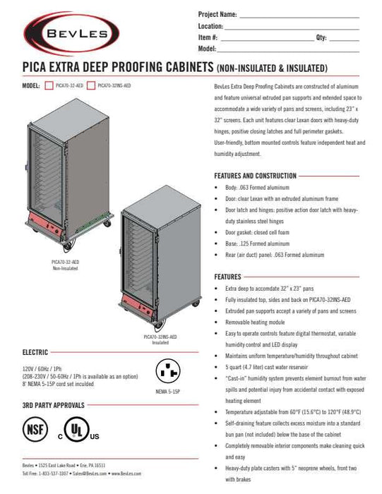 Bevles Model: PICA70-32INS-AED-1L1 Extra Deep (115V) Left Hand Hinged Single Door Proofing Cabinet (Insulated) - Donut-Equipment.com