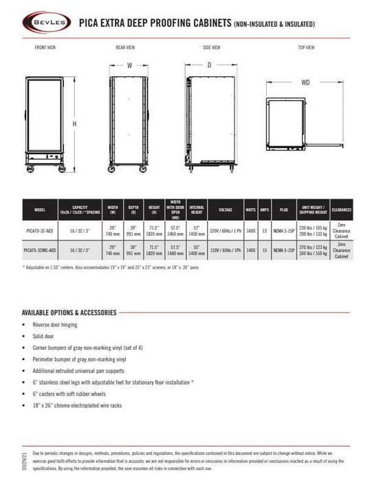 Bevles Model: PICA70-32-AED-4L1 Extra Deep (230V) Left Hand Hinged Single Door Proofing Cabinet (Non-Insulated) - Donut-Equipment.com