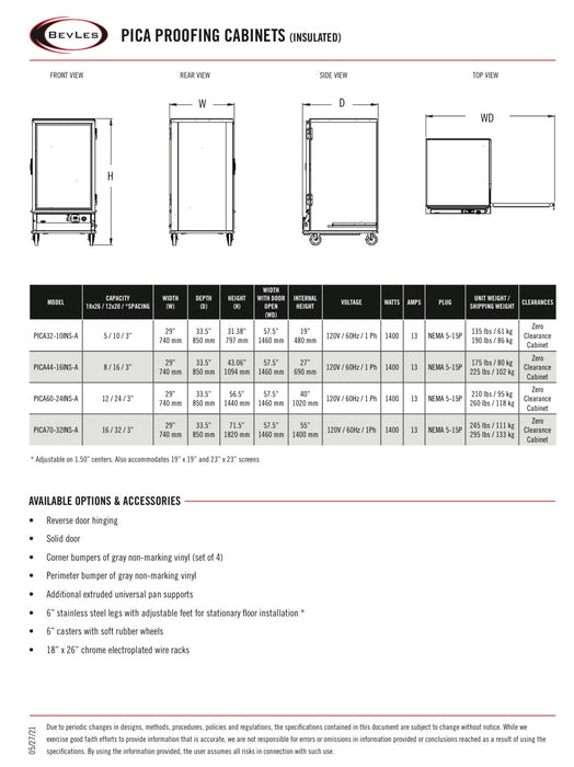 Bevles Model: PICA70-32INS-A-1R1 (Insulated) 115V Single Door Right Hand Hinge Proofing Cabinet