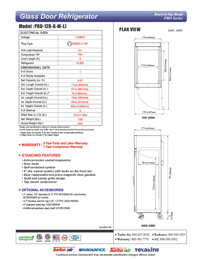 Turbo Air - PRO-12R-G-N, Commercial 18" 1 Glass Door Reach-in Refrigerator PRO Series 9.5 cu.ft. - Donut-Equipment.com