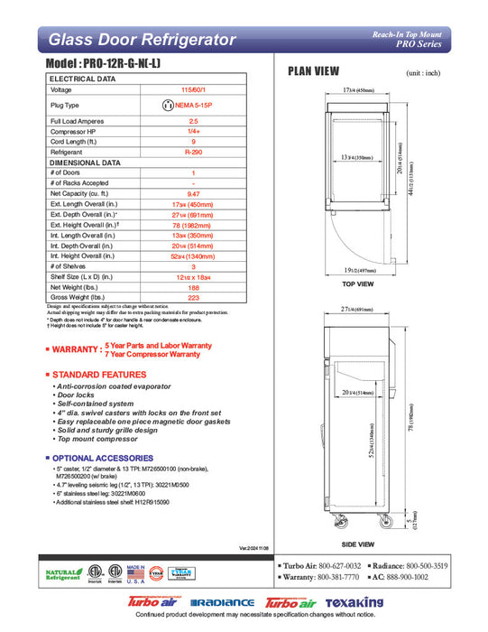 Turbo Air - PRO-12R-G-N, Commercial 18" 1 Glass Door Reach-in Refrigerator PRO Series 9.5 cu.ft.