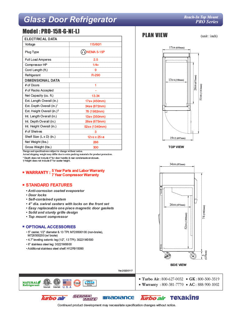 Turbo Air PRO-15R-G-N(-L) 13.34 Cu. Ft. Reach-In One-Section PRO Series Refrigerator - 115 Volts - Donut-Equipment.com