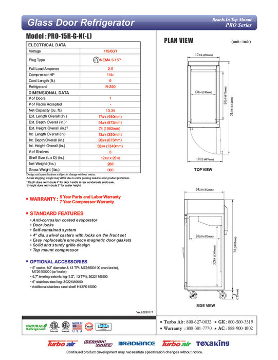 Turbo Air PRO-15R-G-N(-L) 13.34 Cu. Ft. Reach-In One-Section PRO Series Refrigerator - 115 Volts