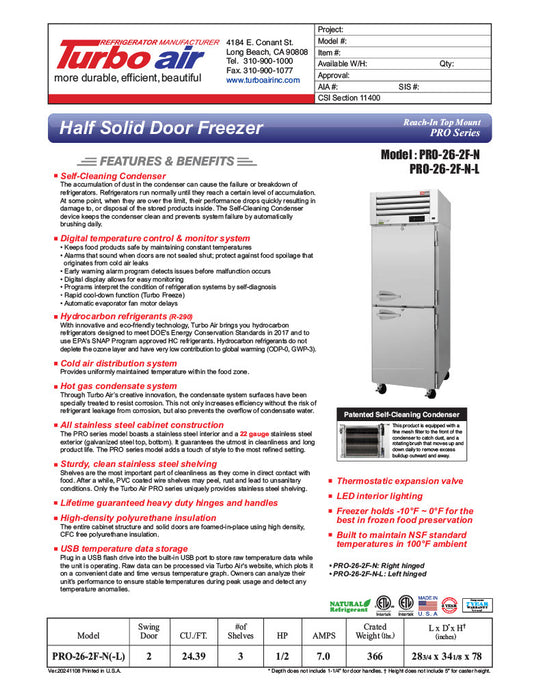 Turbo Air PRO-26-2F-N 29" Premiere Pro Series Solid Half Door Reach in Freezer