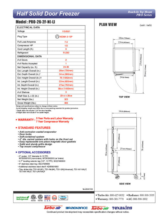 Turbo Air PRO-26-2F-N 29" Premiere Pro Series Solid Half Door Reach in Freezer