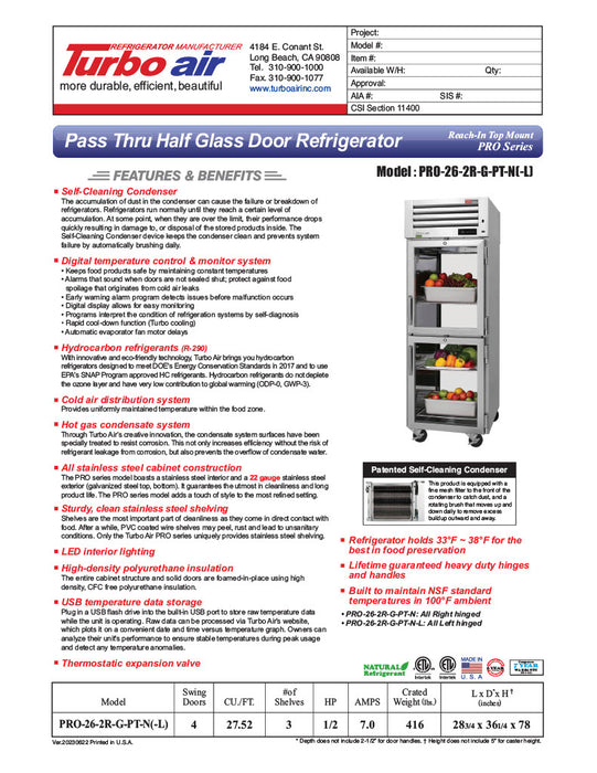 Turbo Air PRO-26-2R-G-PT-N 28 3/4" One Section Pass Thru Refrigerator, (4) Right Hinge Glass Doors, 115v