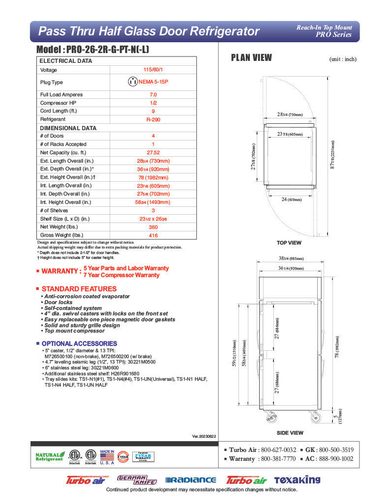 Turbo Air PRO-26-2R-G-PT-N 28 3/4" One Section Pass Thru Refrigerator, (4) Right Hinge Glass Doors, 115v - Donut-Equipment.com