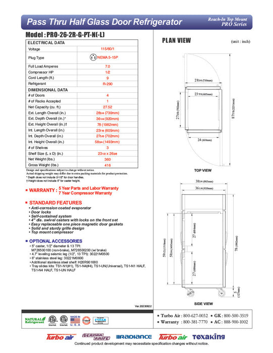 Turbo Air PRO-26-2R-G-PT-N 28 3/4" One Section Pass Thru Refrigerator, (4) Right Hinge Glass Doors, 115v