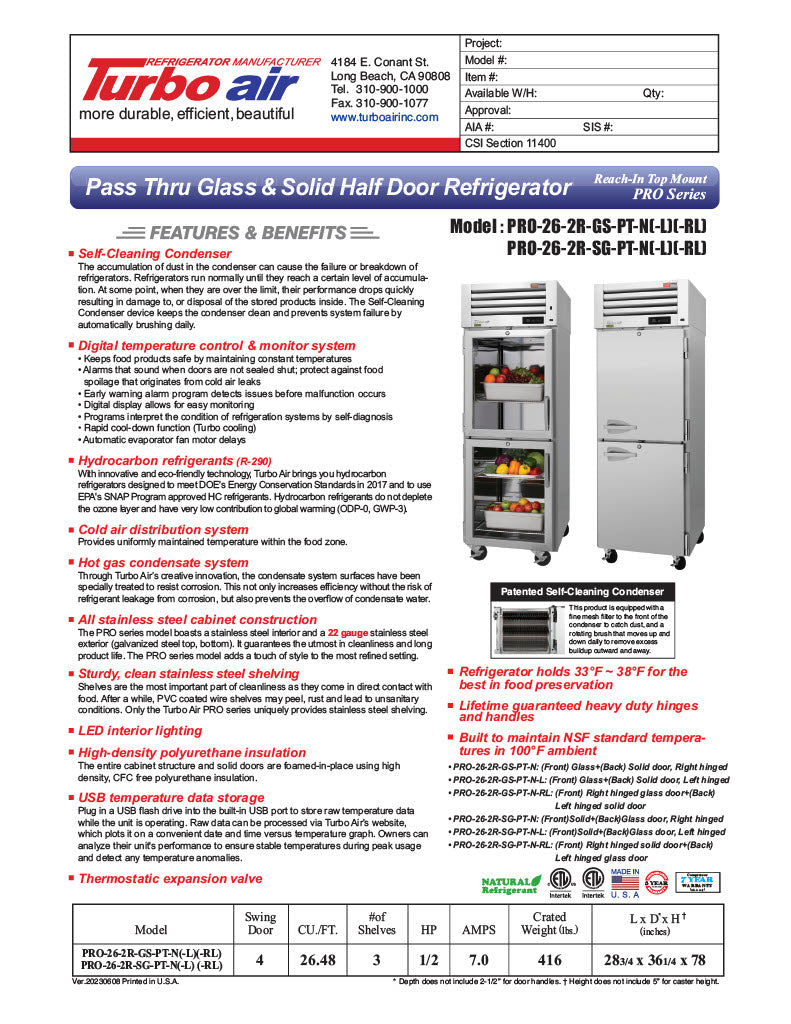 Turbo Air PRO-26-2R-GS-PT-N 28 3/4" One Section Pass Thru Refrigerator, (2) Glass Doors, (2) Solid Doors, Right Hinge, 115v - Donut-Equipment.com