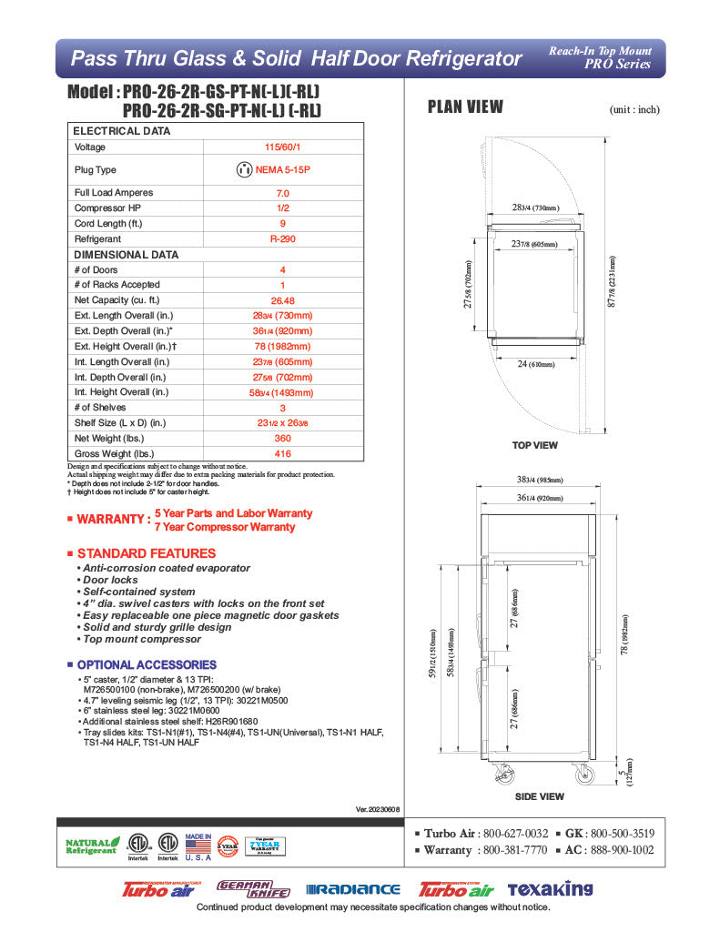 Turbo Air PRO-26-2R-GS-PT-N 28 3/4" One Section Pass Thru Refrigerator, (2) Glass Doors, (2) Solid Doors, Right Hinge, 115v - Donut-Equipment.com