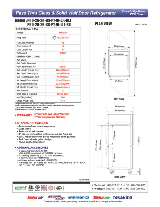 Turbo Air PRO-26-2R-GS-PT-N 28 3/4" One Section Pass Thru Refrigerator, (2) Glass Doors, (2) Solid Doors, Right Hinge, 115v