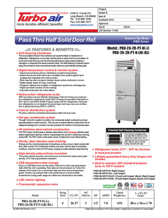 Turbo Air PRO-26-2R-PT-N Pro Series 29" Solid Half Door Pass-Through Refrigerator