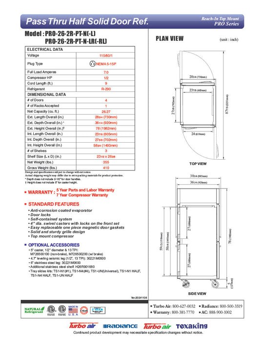 Turbo Air PRO-26-2R-PT-N Pro Series 29" Solid Half Door Pass-Through Refrigerator