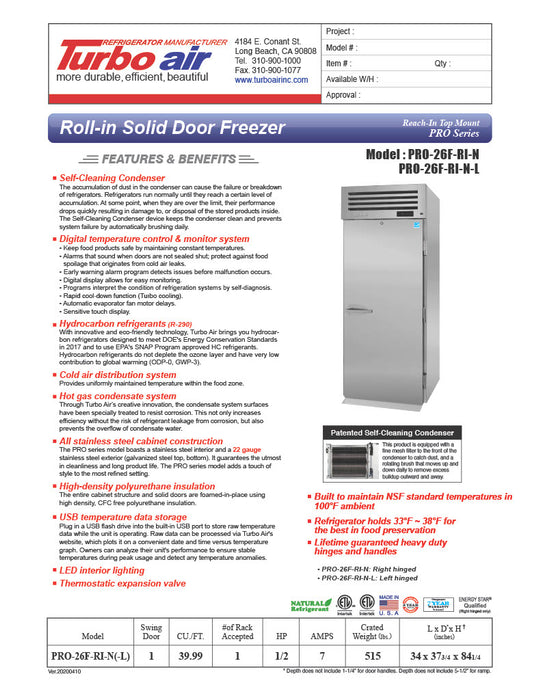 Turbo Air PRO-26F-RI-N 35" Premiere Pro Series Solid Door Roll-In Freezer