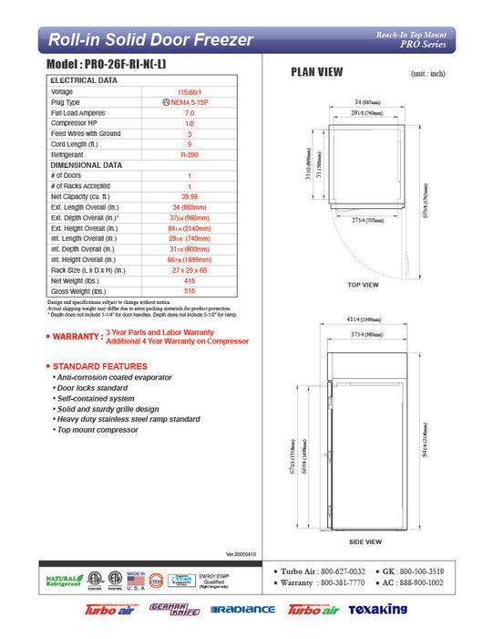 Turbo Air PRO-26F-RI-N 35" Premiere Pro Series Solid Door Roll-In Freezer