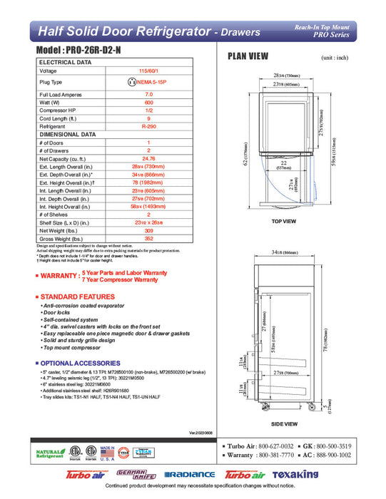 Turbo Air PRO-26R-D2-N 28 3/4" One Section Reach In Refrigerator - (1) Right Hinge Solid Door & (2) Drawers, 115v - Donut-Equipment.com